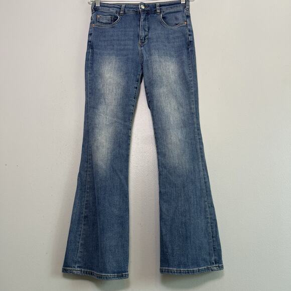 Anthropologie Pilcro Women's Flare Jeans Petite Sz 28 Boho Denim Med Wash Blue - Picture 1 of 11